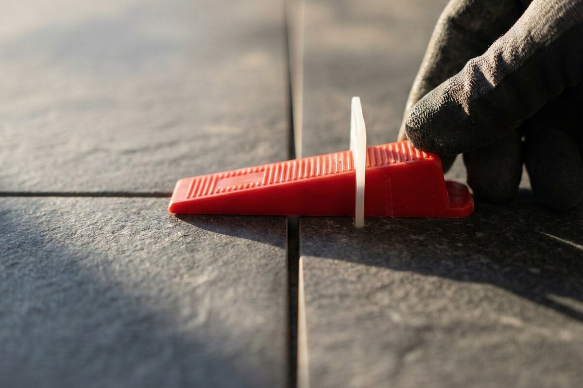 Tile leveling clips in use