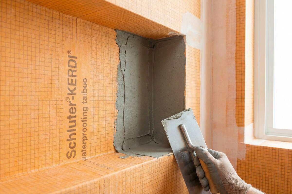 Schluter-KERDI waterproofing membrane being installed