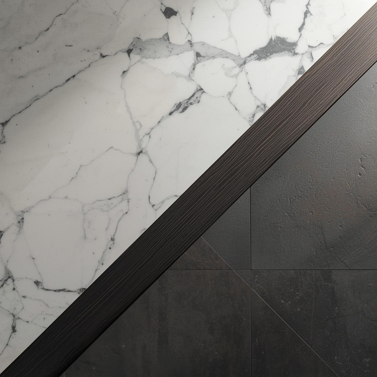 High-end material samples, including marble, dark wood, and slate tile, for The Integrated Plan.
