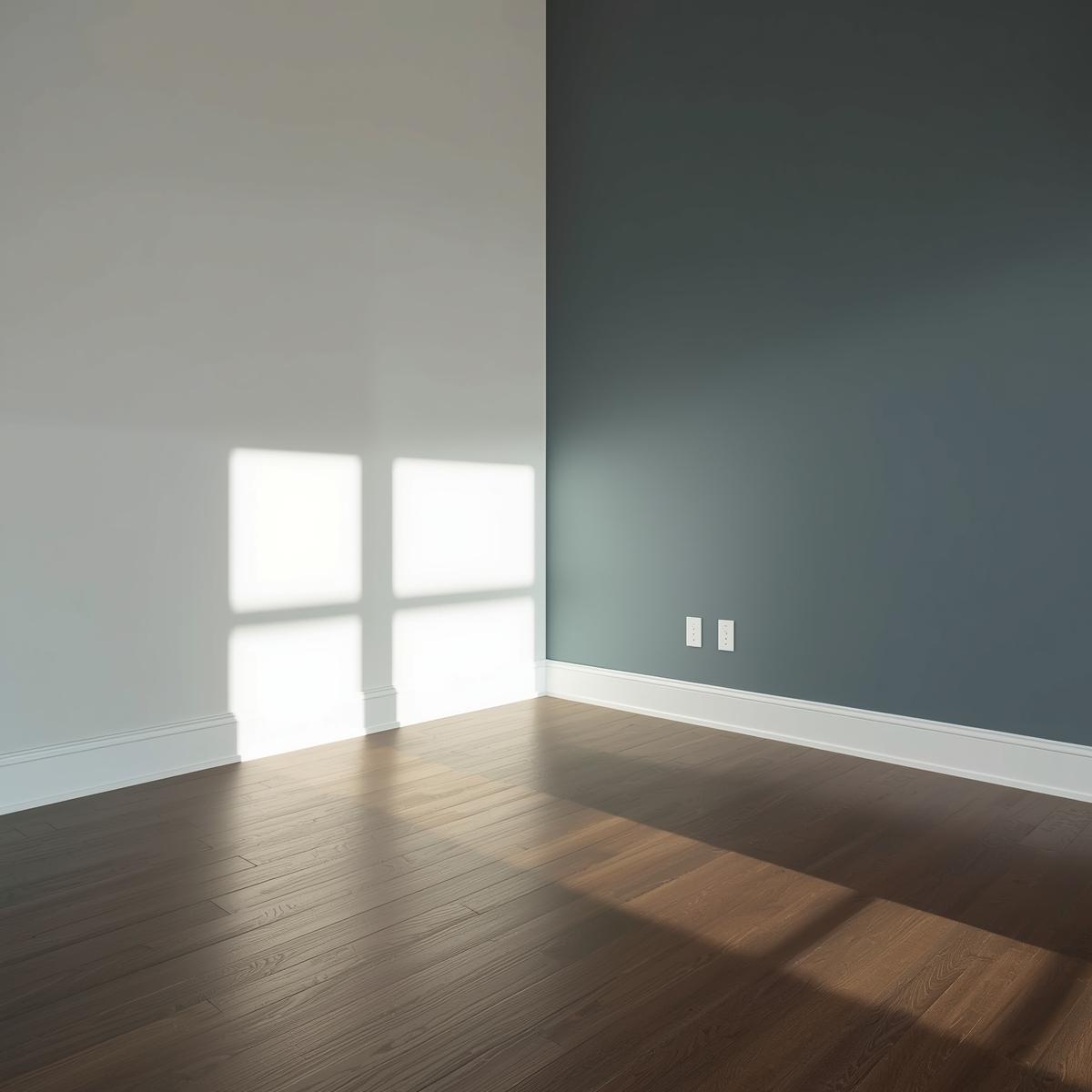 A final walkthrough of a living room, showing flawless baseboards and smooth hardwood floors.